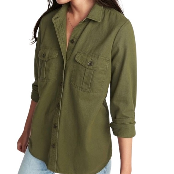 Old Navy Tops - Old Navy Army Green Cotton Bracken Utility Long Sleeve Button Down Shirt Large